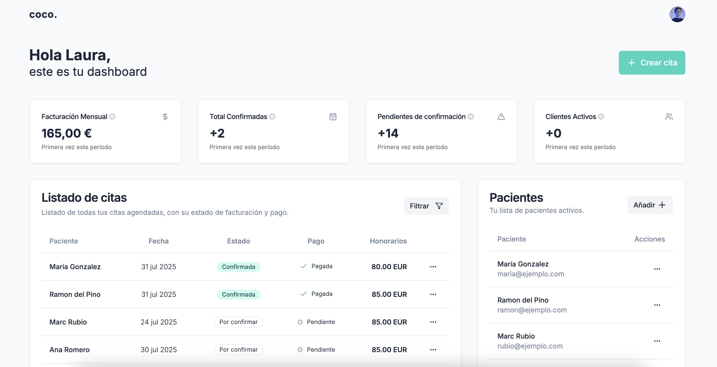 Dashboard de Coco - Gestión de citas y pagos